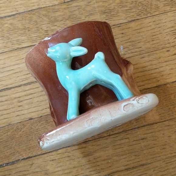 Vintage Ceramic Mint Green Deer Wood Stump Planter